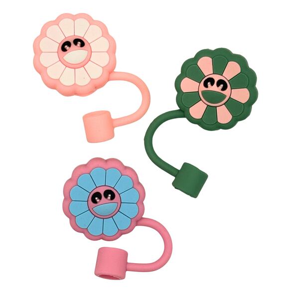 Smiley Flower Silicone Straw Toppers Set of 3 Fits 10mm Straws Cute Girly Floral - Picture 1 of 4